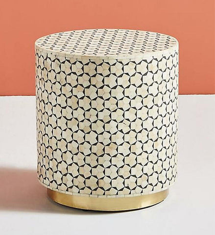 Targua Bone Inlay Drum / Side table in Black and White with Brass polished Base