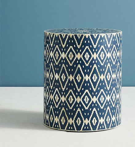 Ikat Bone Inlay Drum / Stool / Side Table in Dark Blue