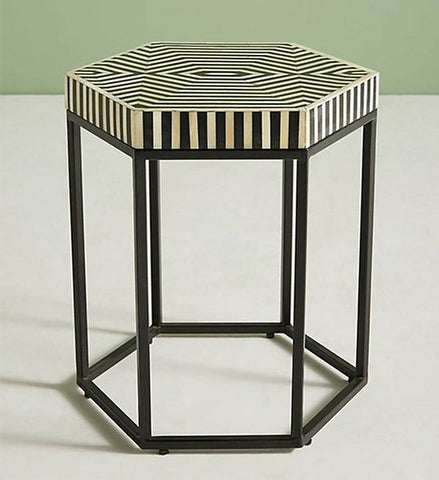 Striped Hexagonal Bone Inlay Side Table