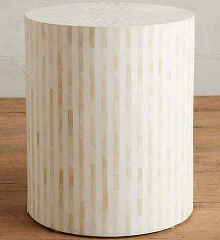 Striped Bone Inlay Drum / Stool / Side Table in White