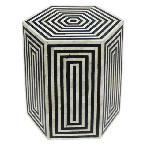 Striped Hexagonal Bone Inlay Black Side table / Stool