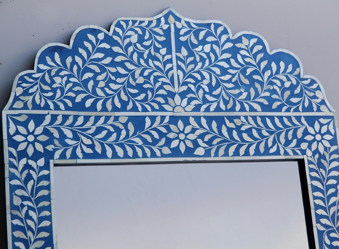 Crested blue Bone Inlay Mirror with floral pattern frame