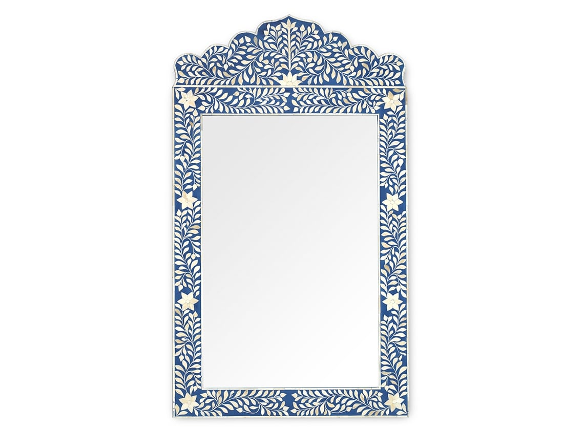 Crested blue Bone Inlay Mirror with floral pattern frame