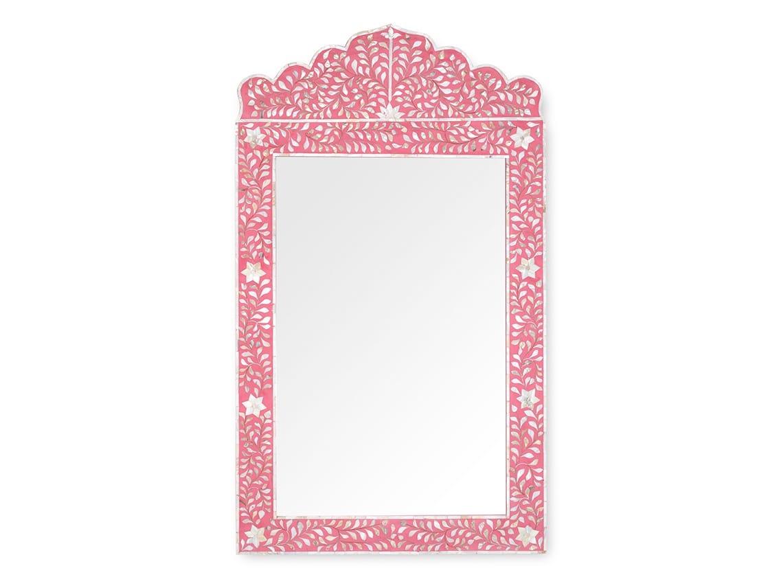Crested Pink Bone Inlay Mirror with floral pattern frame