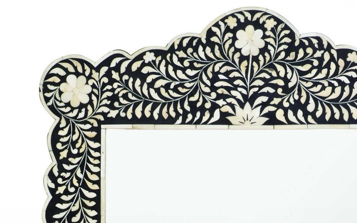 Scalloped black Bone Inlay mirror with floral pattern frame