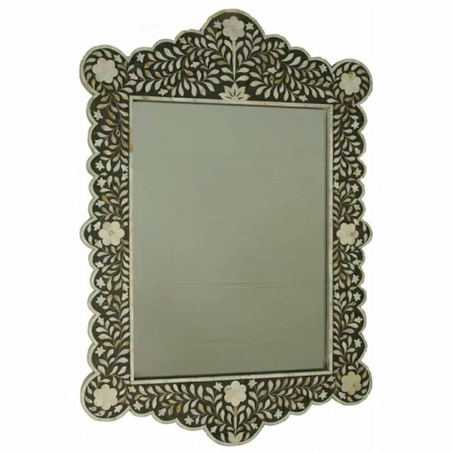 Scalloped brown bone Inlay mirror with floral pattern frame