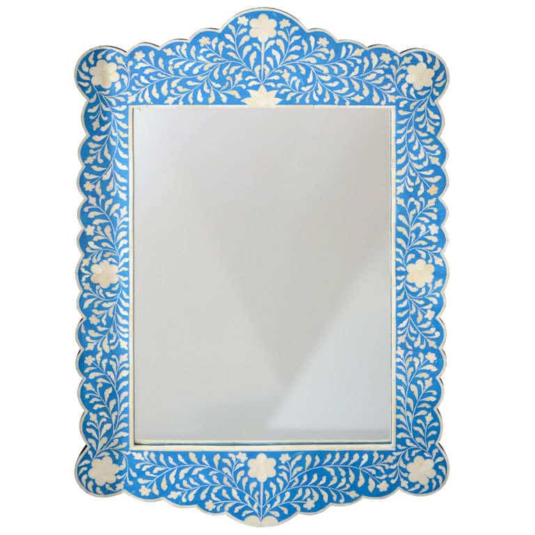 Scalloped Blue Bone Inlay mirror with floral pattern frame