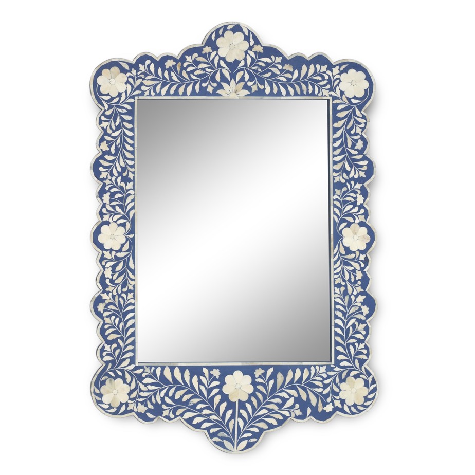 Scalloped Dark Blue Bone Inlay mirror with floral pattern frame