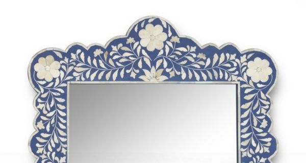 Scalloped Dark Blue Bone Inlay mirror with floral pattern frame