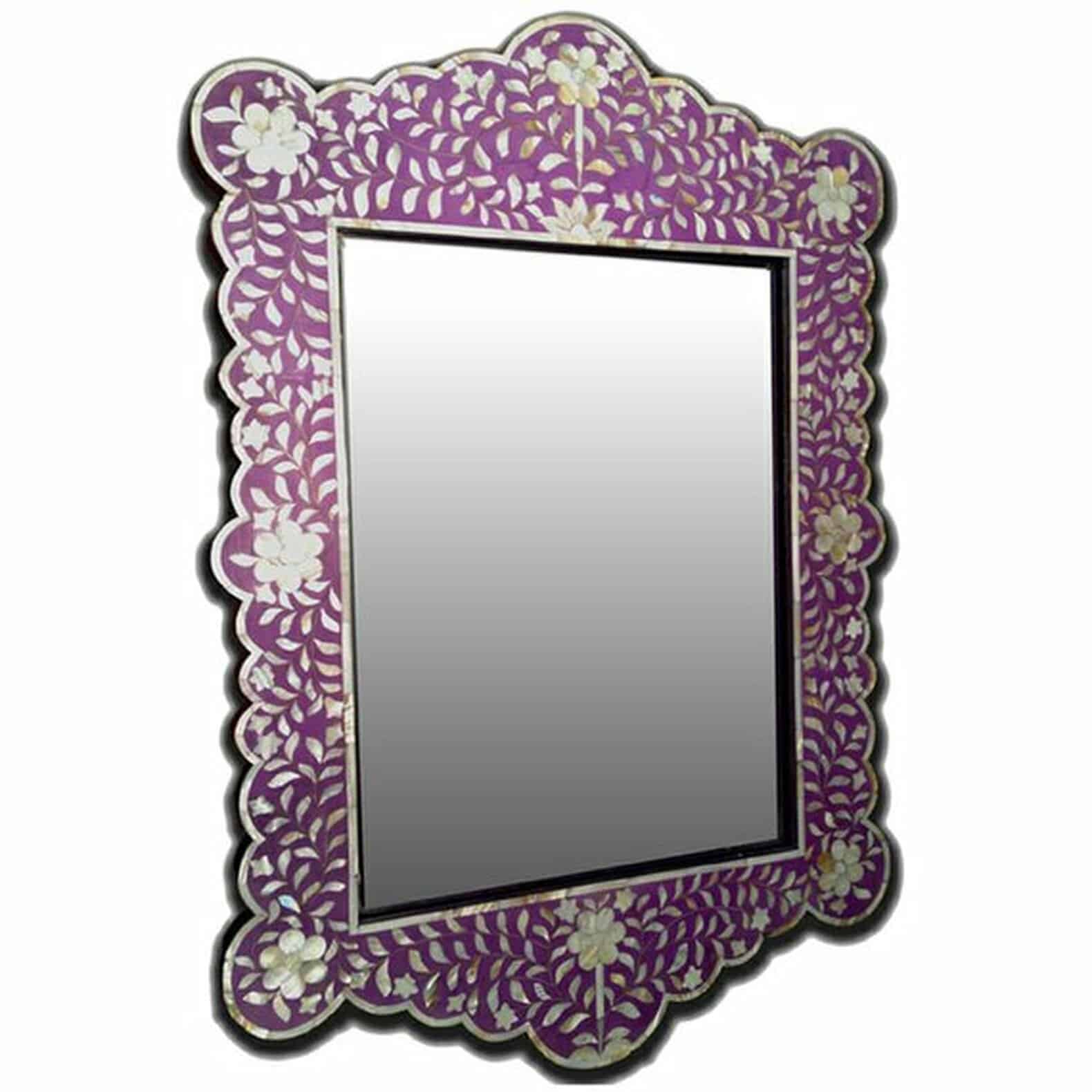 Scalloped purple rectangular Bone Inlay mirror with floral pattern frame
