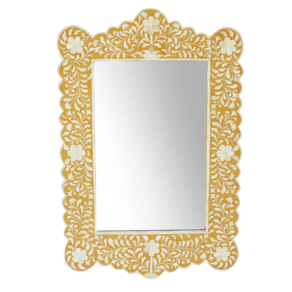 Bone Inlay mirror with floral frame pattern in yellow and white