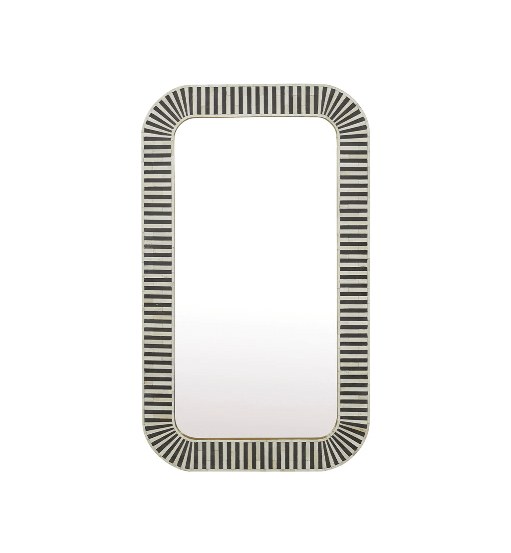 A rectangular bone inlay mirror with a bone inlay frame featuring a striped pattern.