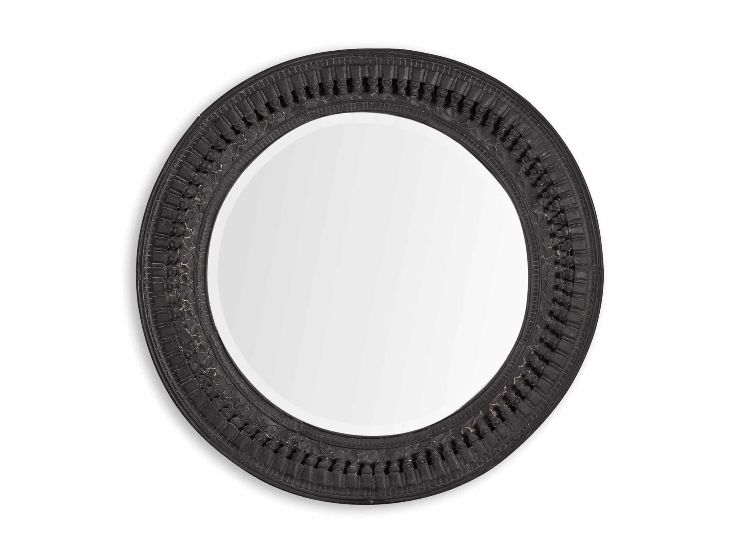 A round wall-mounted mirror with a wood frame and mirrored glass in the center.