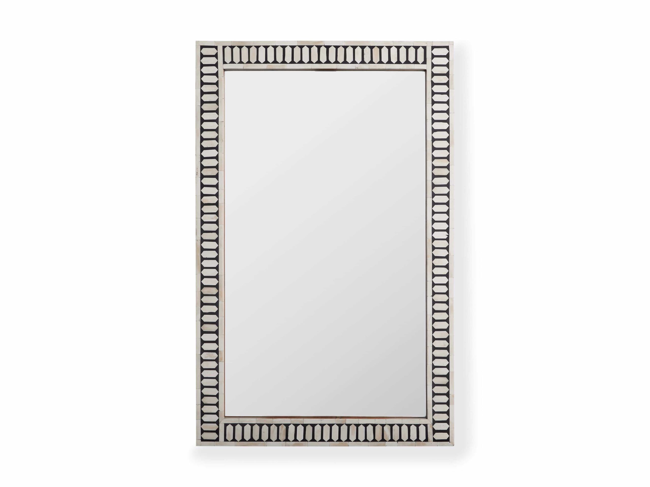 A rectangular Bone Inlay Wall Mirror with a decorative pattern of bone inlays around it.