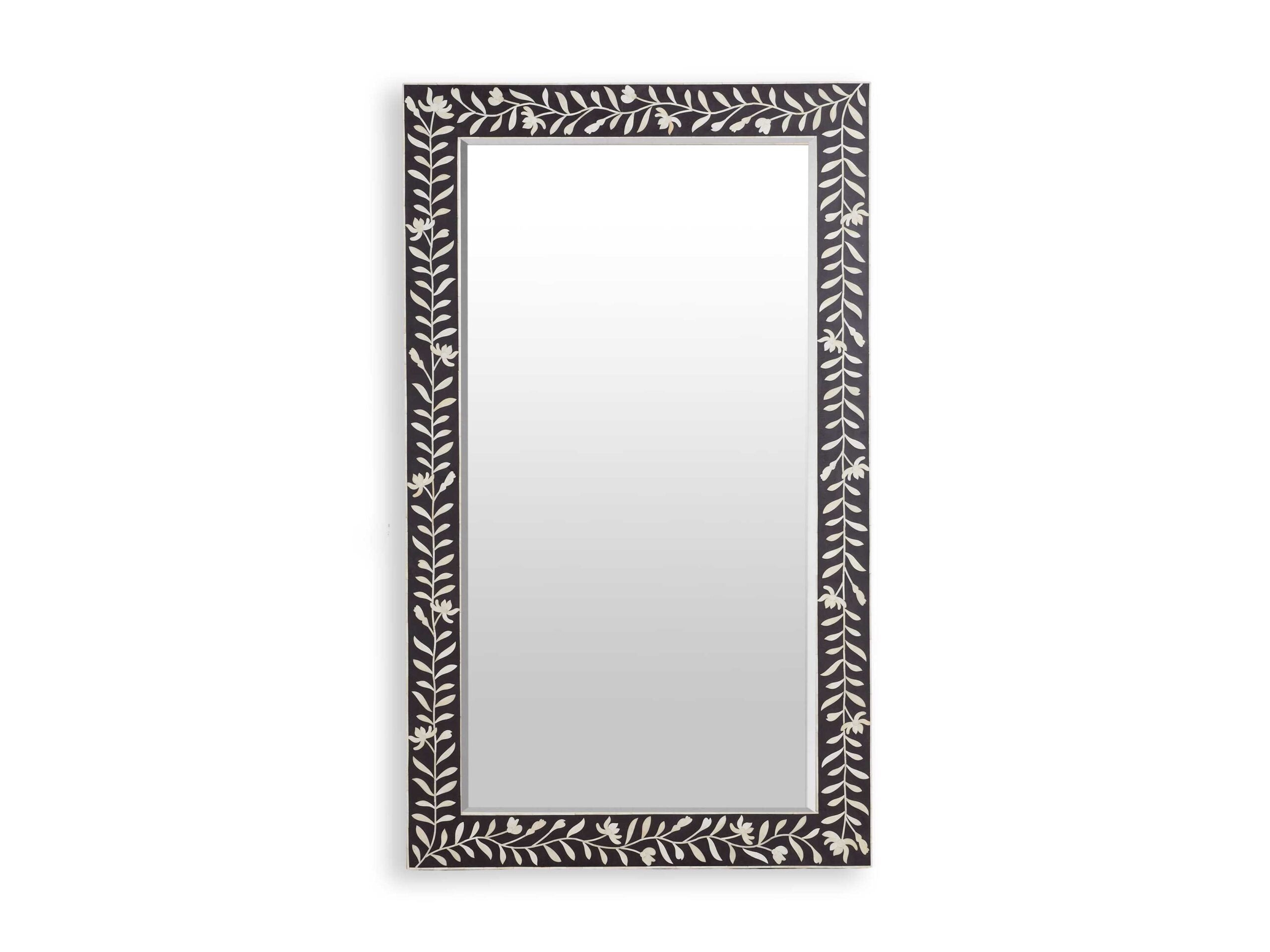 A rectangular floor bone inlay mirror with a decorative bone inlay frame, predominantly in black and white.