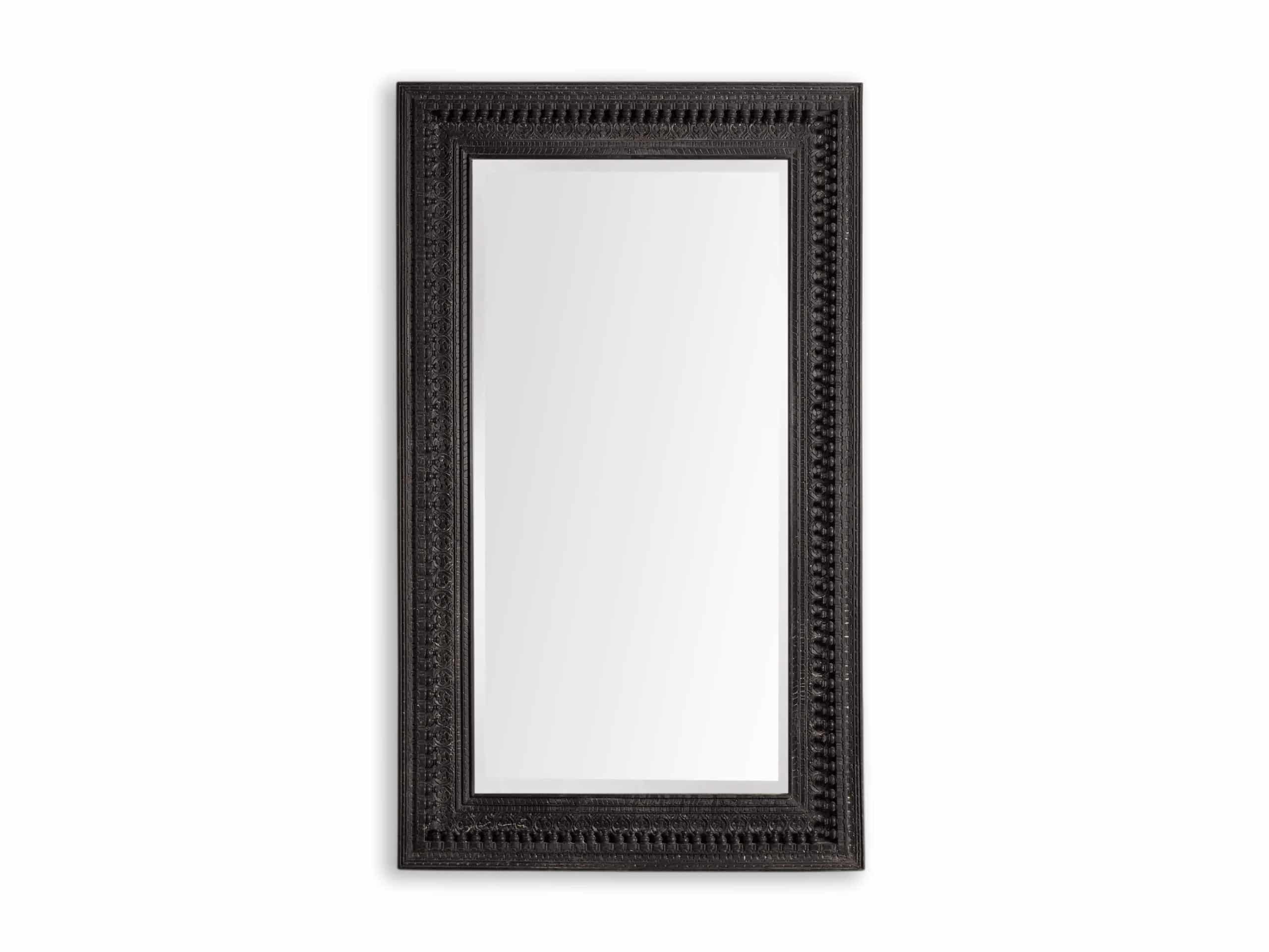 A rectangular floor mirror with a wood frame and mirrored glass.