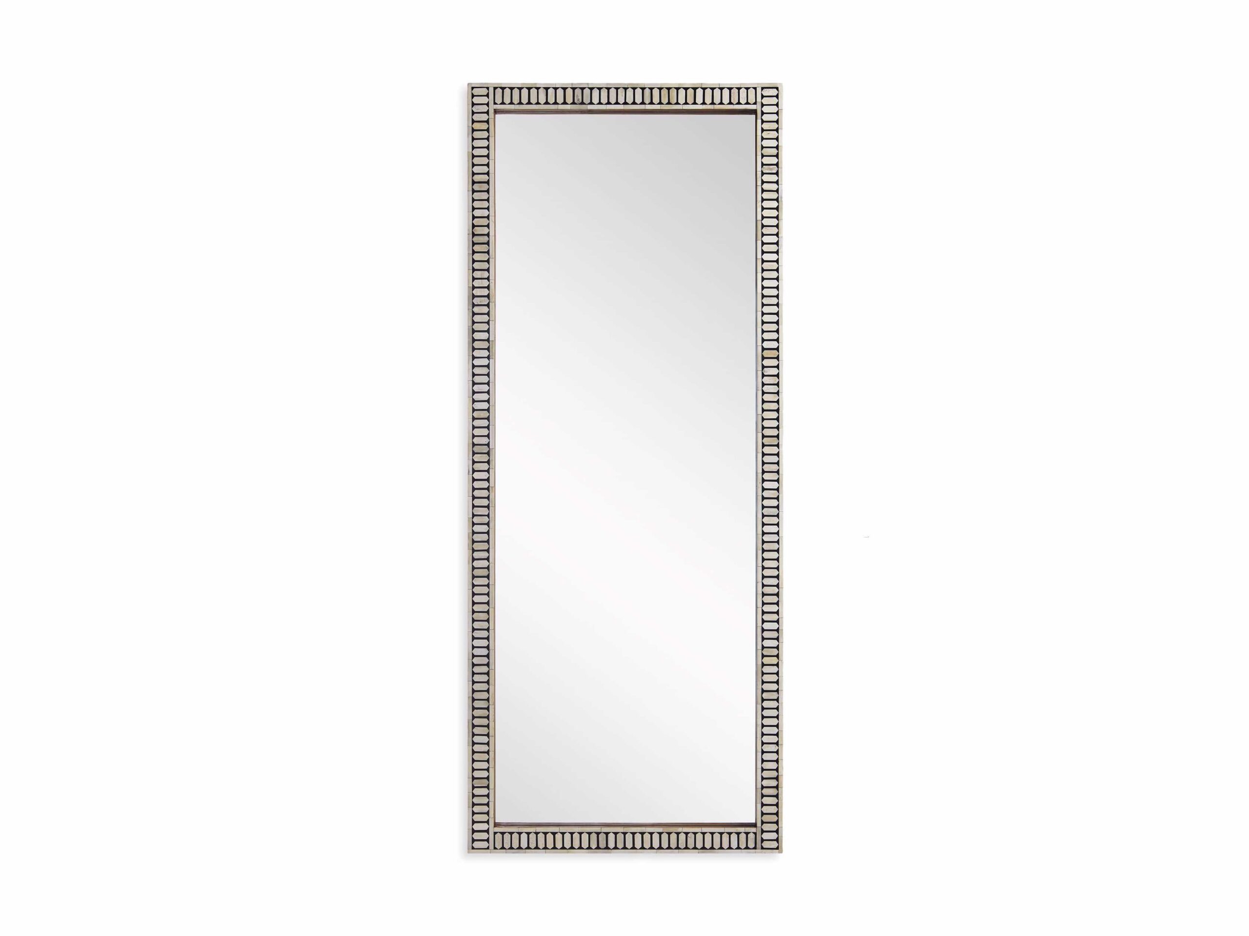 A rectangular floor mirror with a bone inlay frame