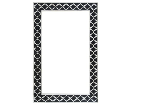 A rectangular mirror with a black frame featuring a geometric pattern of bone inlay work.