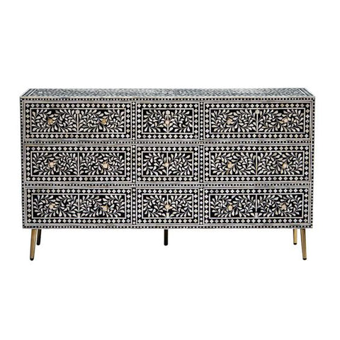 Floral Intertwine Bone Inlay Chest of 9 Drawers