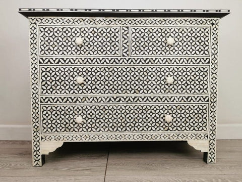Geometric Pattern Bone Inlay Chest of 4 Drawers