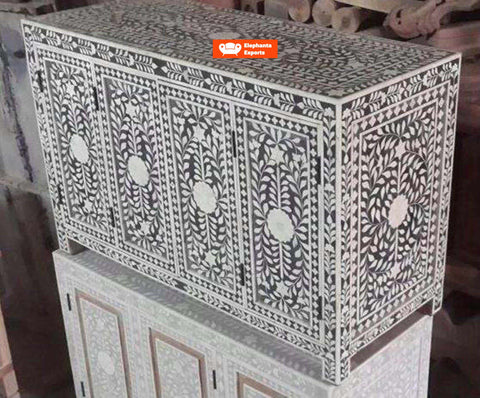 Bone Inlay 4 Door Sideboard / Buffet Table Floral Design