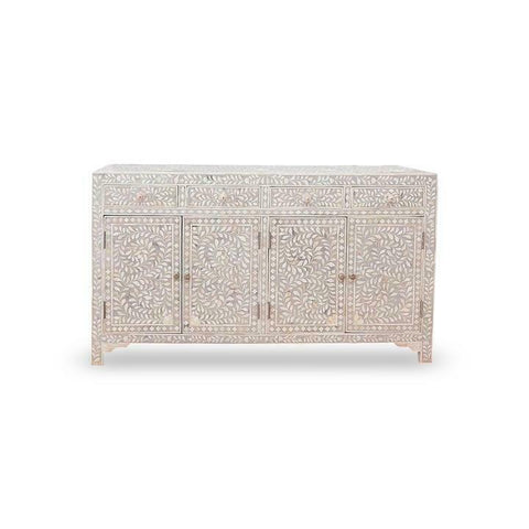 Floral Bone Inlay Side Board in Dove Grey with 4 doors and 4 drawers