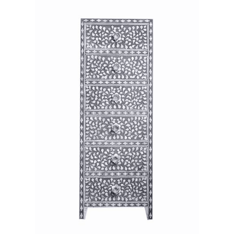 Mother of Pearl Inlay Tall Boy Chest Floral in Grey