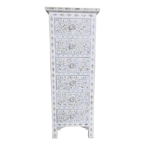 Mother of Pearl Inlay Tall Boy Chest Floral in White