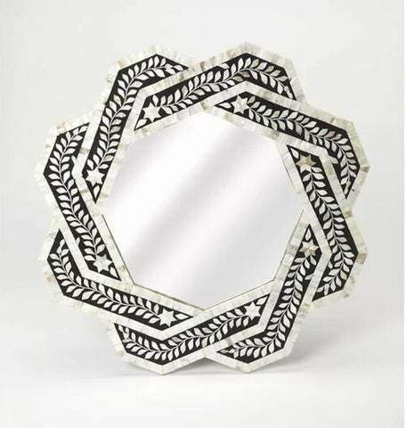Mother of Pearl Inlay Mirror / Octagonal Floral Wall Mirror in Black