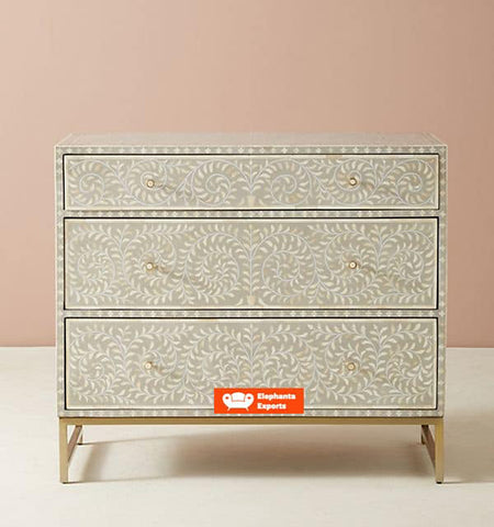 Floral Intertwine Bone Inlay Chest of 3 Drawers