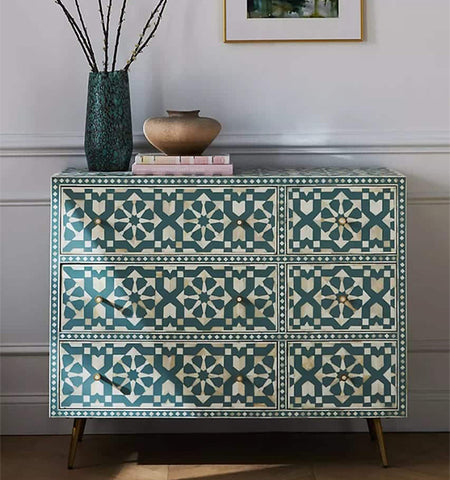Moroccan Bone Inlay Chest of 6 Drawers in Green