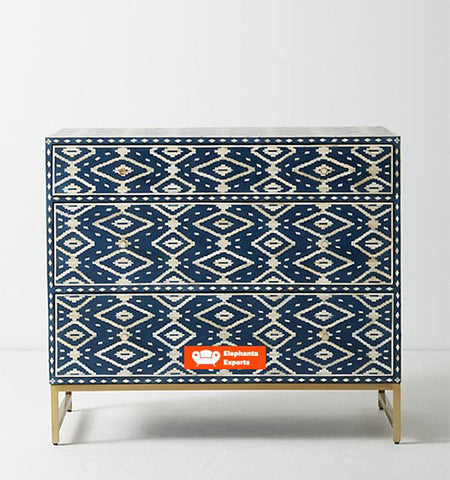 Ikat Design Handmade Bone Inlay Chest of 3 Drawers Table in Blue