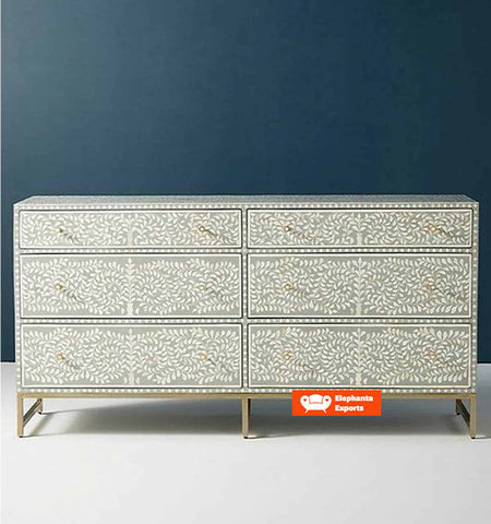 Floral Intertwine Bone Inlay Chest of 6 Drawers