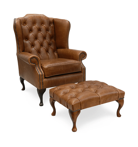 Chesterfield High Back Leather Chair and Footstool Tan