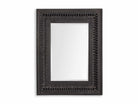 A rectangular wooden wall mirror with a mirrored center and carved wooden frame.